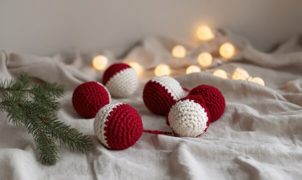 Christmas knitted red-white ornaments and lights, cozy crafty festive Christmas balls, AI generated