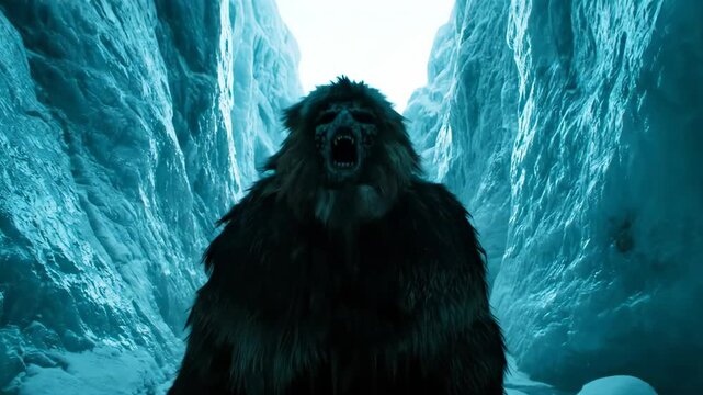 Monster creature in an icy cave during winter, a mythological beast moving and roaring representing pagan horror footage.