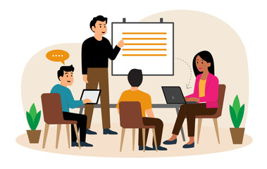 business presentation whiteboard with a group of workers workshop office