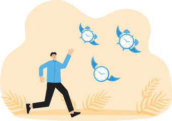 Lack of time or running out of time and countdown for work project deadline and time is valuable thing in life concept, chasing to catch flying away alarm clock and stop watch concept
