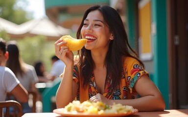 young latin woman eating mexican tacos on a restaurant terrace in Mexico Latin America, feeling happy on a summer day. High quality
