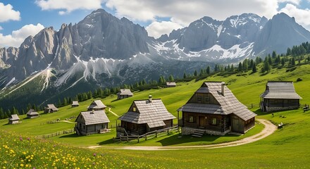 Obraz premium Idyllic Mountain Village Scene in Slovenia with Stunning Peaks.