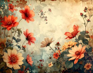 Artistic floral arrangement with vibrant blooms and aged background