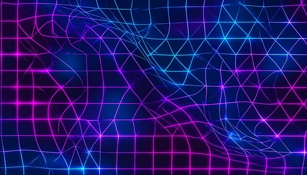 Wavy grid pattern with neon blue and pink lines, glowing at intersections, suggesting digital or virtual space - Powered by Adobe