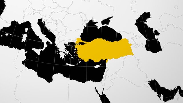 Turkey map. Animated zoom into the country on the Globe in Black White color palette. Country logo animation. Map with meridians, parallels. Amazing video.