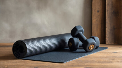 Fitness equipment (yoga mat and dumbbells) on wooden floor, minimalist home gym scene. Generative AI image