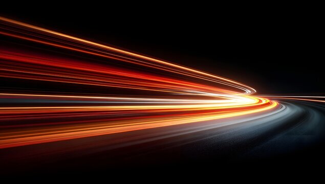 Abstract light trails created by moving vehicles at night on a dark road depicting speed and motion blur with vibrant streaks of orange red and white - Powered by Adobe