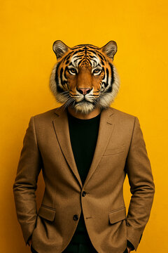 A creative fashion photoshoot featuring a stylish man wearing a modern brown blazer with a tiger head, symbolizing strength, confidence, and power.