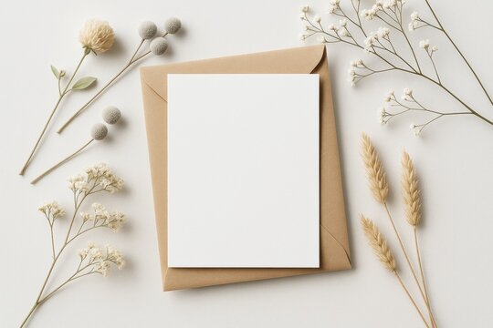 Blank card and envelope mockup with dried flowers and wheat on white background for elegant branding or wedding invitation presentation. Ai generative - Powered by Adobe