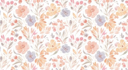 Elegant watercolor floral pattern with delicate peach, yellow, and blue flowers perfect for spring textiles, invitations, and charming backgrounds that add a touch of whimsy