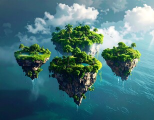 Four floating islands with vibrant greenery and small pools are suspended above a shimmering, turquoise sea under cloudy sky