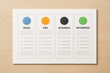 Abstract pricing table with four subscription plans labeled Basic, Pro, Business, and Enterprise on light wood background, minimal style.. Ai generative