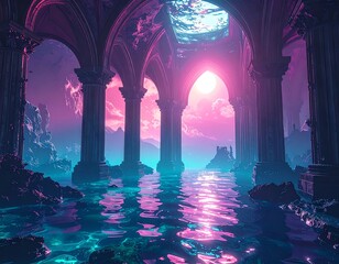 Gothic arches frame moon over water, reflecting vibrant hues. Pink sky peeks between columns, rocks visible underwater