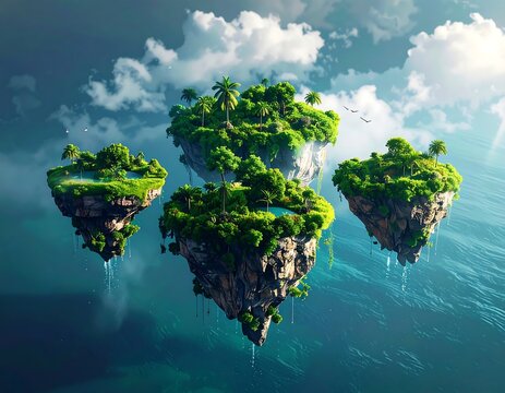 Four floating islands with vibrant greenery and small pools are suspended above a shimmering, turquoise sea under cloudy sky
