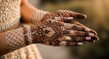 Elaborate Henna Art Adorning Hands with Sparkling Jewelry Rings and Bracelets Rich Cultural Adornment on Detailed Skin