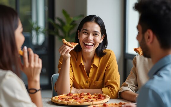Indian woman laughing at funny joke eating pizza with diverse coworkers in office, friendly work team enjoying positive emotions and lunch together, happy colleagues staff group having fun at break