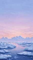 Fototapeta premium A Breathtaking Arctic Landscape at Sunset: Serene Glaciers and Gentle Waters Under a Soft Pink and Blue Sky