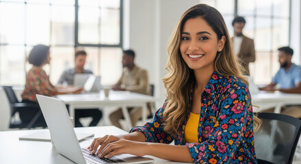 Fototapeta premium Happy Professional Woman Working on Laptop in Office