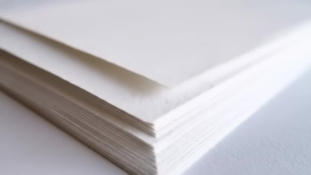 Close-up perspective of a stack of clean, white paper, edges exposed. Soft, natural lighting