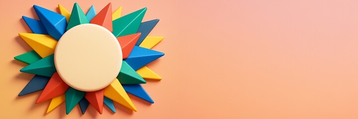 Colorful geometric sunburst design with blank circular center on peach background, ideal for poster, banner, or copyspace layout template. Ai generative