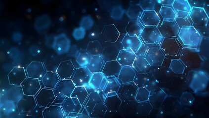 Abstract futuristic glowing hexagonal molecular structure with shimmering blue light particles and deep dark background creating a sense of advanced technology and scientific discovery
