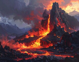 Illustration of fiery volcanic landscape with flowing lava, sharp rocks, and distant mountains under a dramatic sky