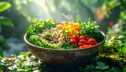 Rustic bowl filled with colorful fresh vegetables and grains, on moss, backlit by sunbeams, suggesting healthy organic food