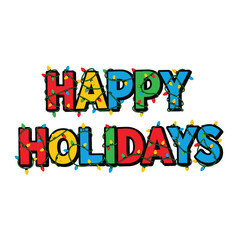 Fototapeta premium Happy Holidays text with colorful string lights on white background.