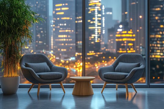 Two chairs facing a city skyline at night with a plant and small table in a modern interior space