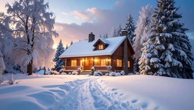 Snow-covered path leads to a cozy cabin nestled in a snow-covered forest under a pastel sky at sunset/sunrise - Powered by Adobe