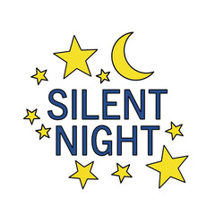 Fototapeta premium Silent Night text with stars and moon Christmas holiday design.