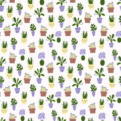 seamless pattern with  home flower in a pott  Cozy home