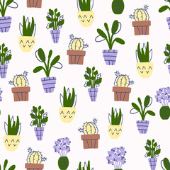 seamless pattern with  home flower in a pott  Cozy home