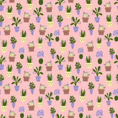 seamless pattern with  home flower in a pott  Cozy home