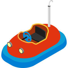 Red and blue isometric bumper car with blue steering wheel and yellow headlights on a transparent background with a white antenna