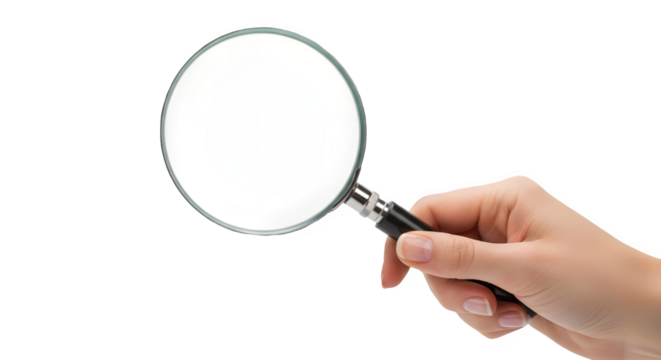 Hand holding magnifying glass isolated on transparent background