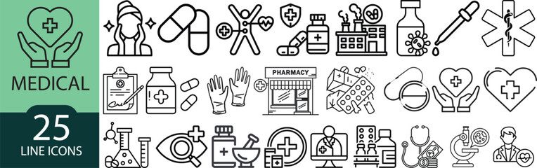 Medical and Pharmaceutical icon set. It contains symbols to health, medicine, aid, healthcare, pill and more. Treatment icon set. Vector outline icons collection. Signs for web and mobile app.