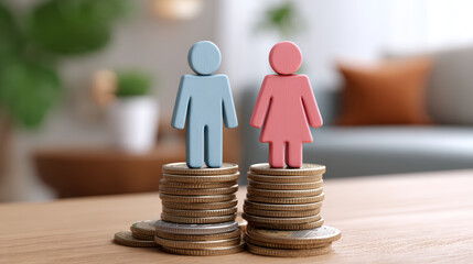 Hopeful concept showing gender pay equality and income parity. Male and female figures represent diversity in workplace and closing wage gap for better finance