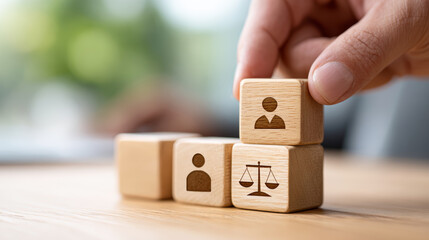 Concept of equality and fairness promoting gender diversity in workplace. hand builds with wooden block symbol for human rights law and social justice support