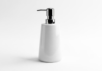 Obraz premium Modern white ceramic soap dispenser with chrome pump for stylish kitchen or bathroom
