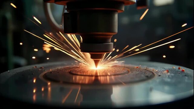 Dynamic close-up video of high-precision laser or plasma cutter working on metal. Flying sparks emphasize energy, accuracy, and intensity of modern industrial technology