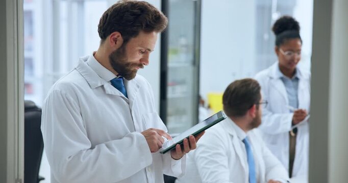Medical research, tablet and man in lab, thinking and pharmaceutical development with choice. People, scientist and employee with biotech, innovation and problem solving with app, decision or results