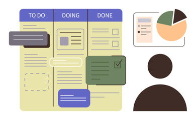 Kanban board with To Do, Doing, and Done columns, task cards, user figure, pie chart. Ideal for task organization, productivity, team collaboration workflow visualization work strategy data © robu_s