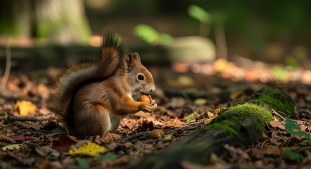 Squirrel eating a nut in the forest with mossy log and natural light