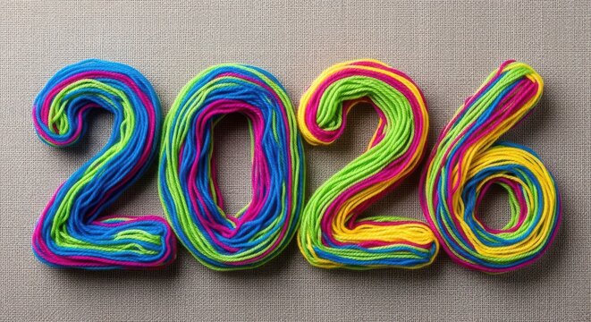 Vibrant multicolored yarn forms the numbers 2026 displayed on a textured gray surface