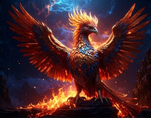 Majestic phoenix with orange and blue feathers amidst fiery rocks and a dramatic sky