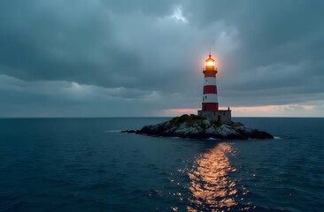 Fototapeta premium A photo of a picturesque water landscape with a lighthouse in the middle.