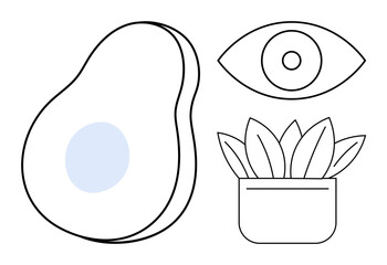 Avocado half with seed, eye design, and potted plant arranged in simple flat style. Ideal for wellness, nature, mindfulness, balance, health minimalism branding. Modern simple flat metaphor