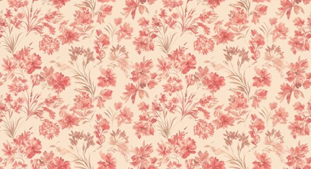 Delicate watercolor floral pattern in soft coral and blush tones evokes a charming vintage aesthetic perfect for textiles, stationery, and elegant home decor projects