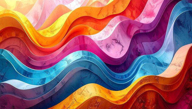 Vibrant wavy layers form an abstract landscape with textures blending warm and cool hues in a dynamic composition